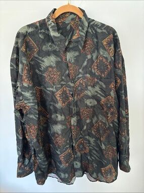 Vintage Express silk shirt, button down, greens/gold/red, wide sleeves, Size XL?